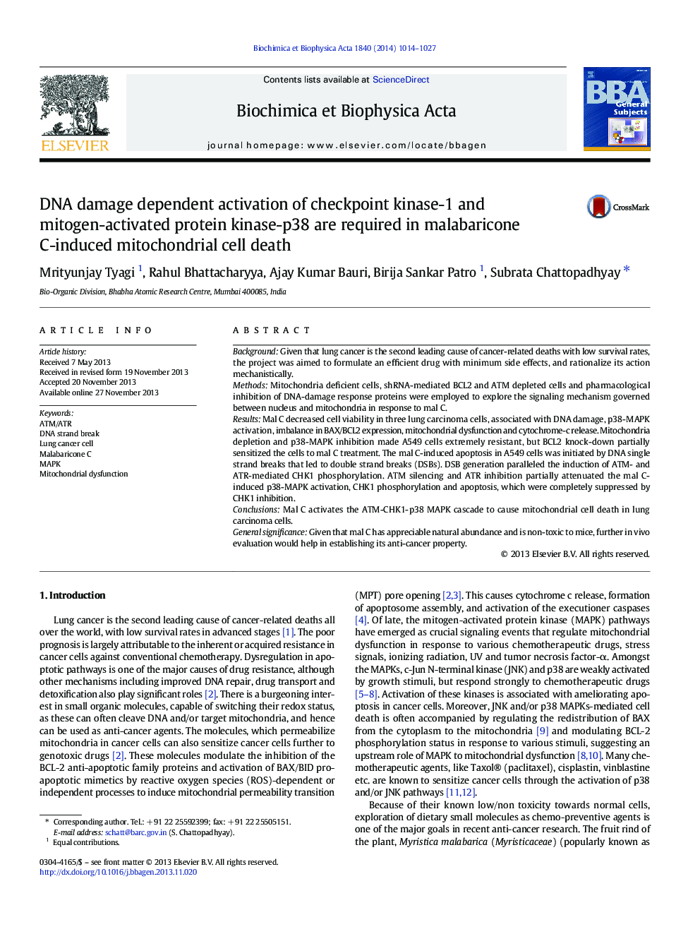 DNA damage dependent activation of checkpoint kinase-1 and mitogen-activated protein kinase-p38 are required in malabaricone C-induced mitochondrial cell death