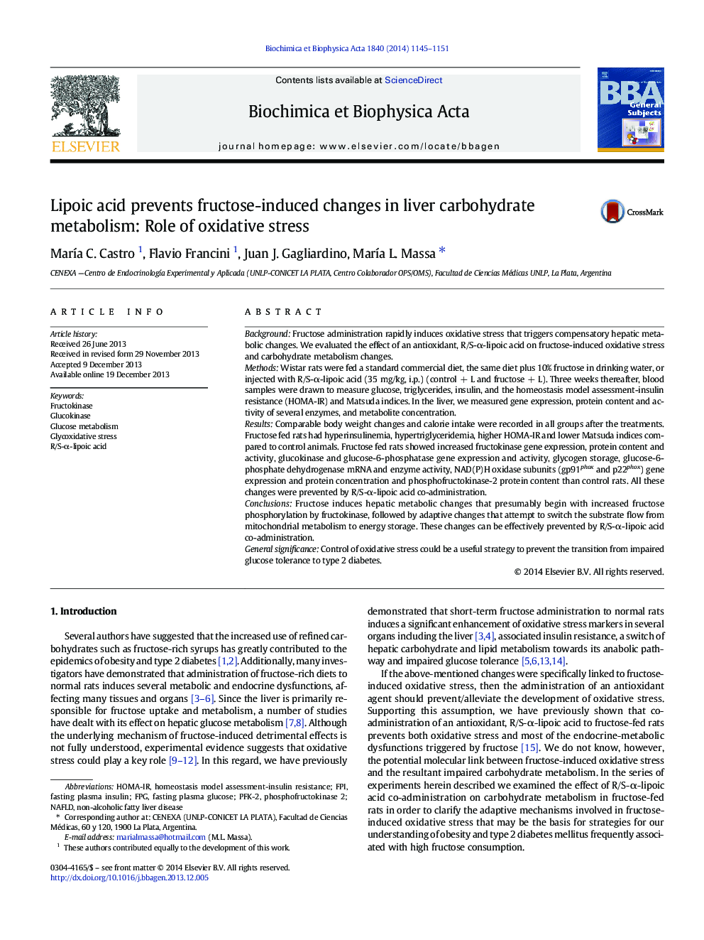 Lipoic acid prevents fructose-induced changes in liver carbohydrate metabolism: Role of oxidative stress