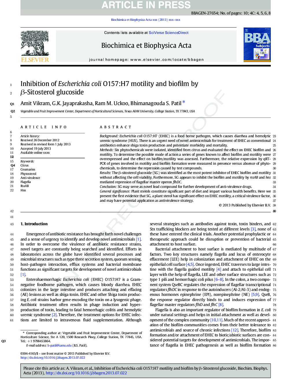 Inhibition of Escherichia coli O157:H7 motility and biofilm by Î²-Sitosterol glucoside