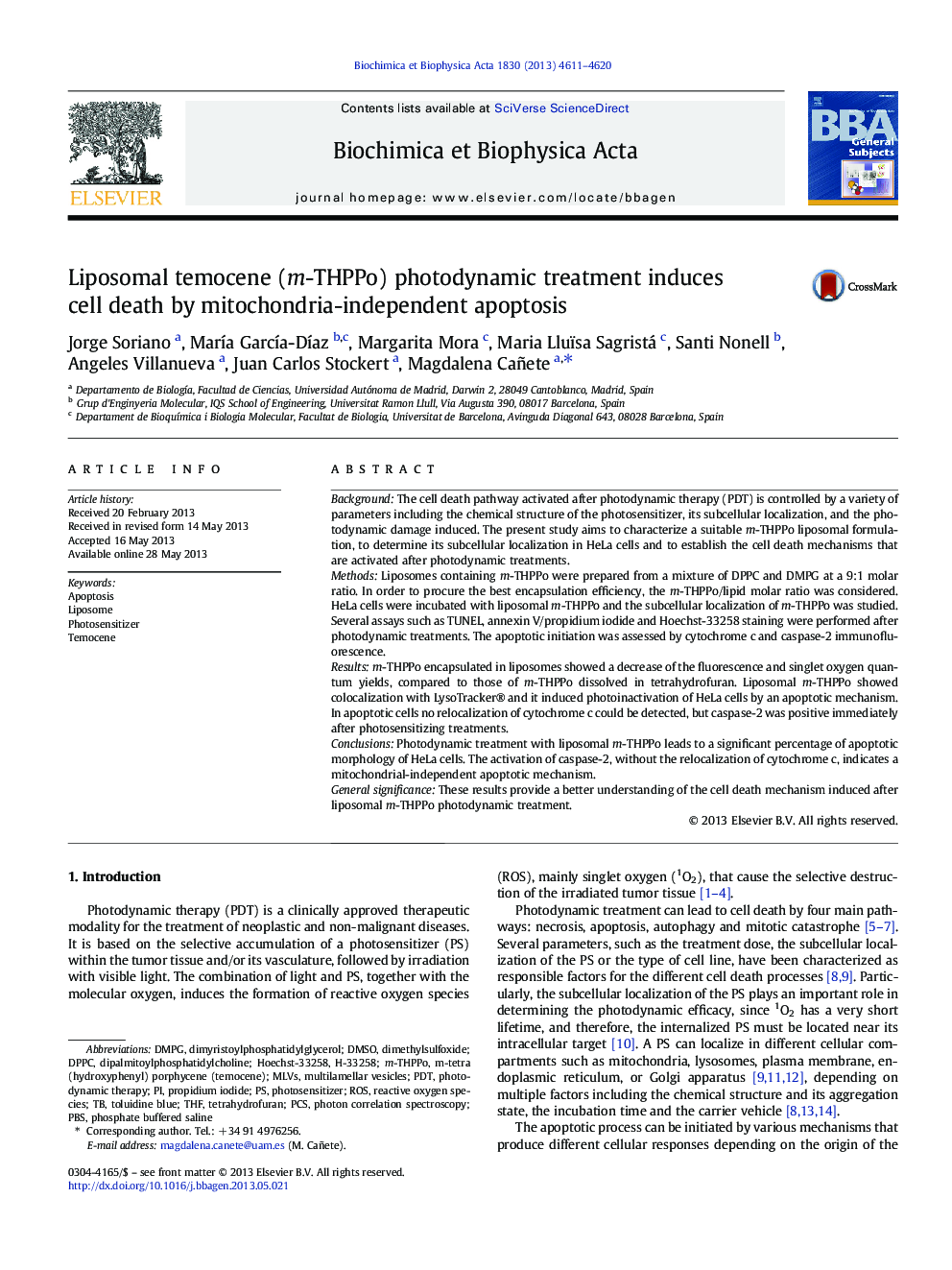 Liposomal temocene (m-THPPo) photodynamic treatment induces cell death by mitochondria-independent apoptosis