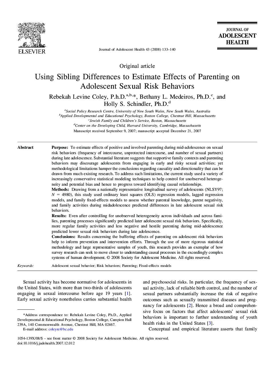 Using Sibling Differences to Estimate Effects of Parenting on Adolescent Sexual Risk Behaviors