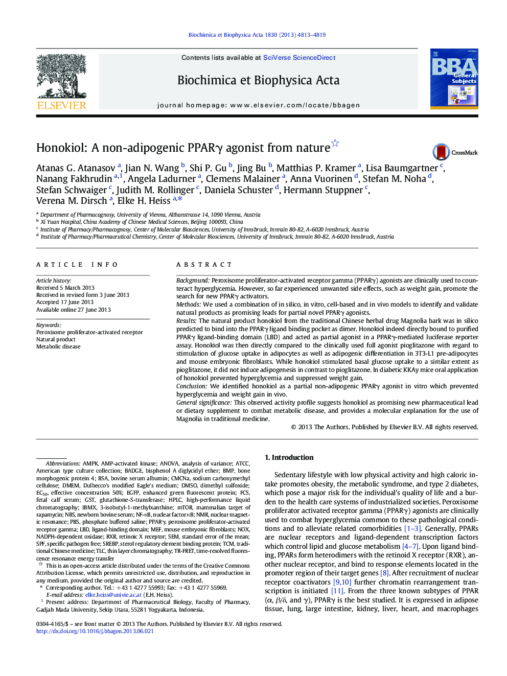 Honokiol: A non-adipogenic PPARÎ³ agonist from nature