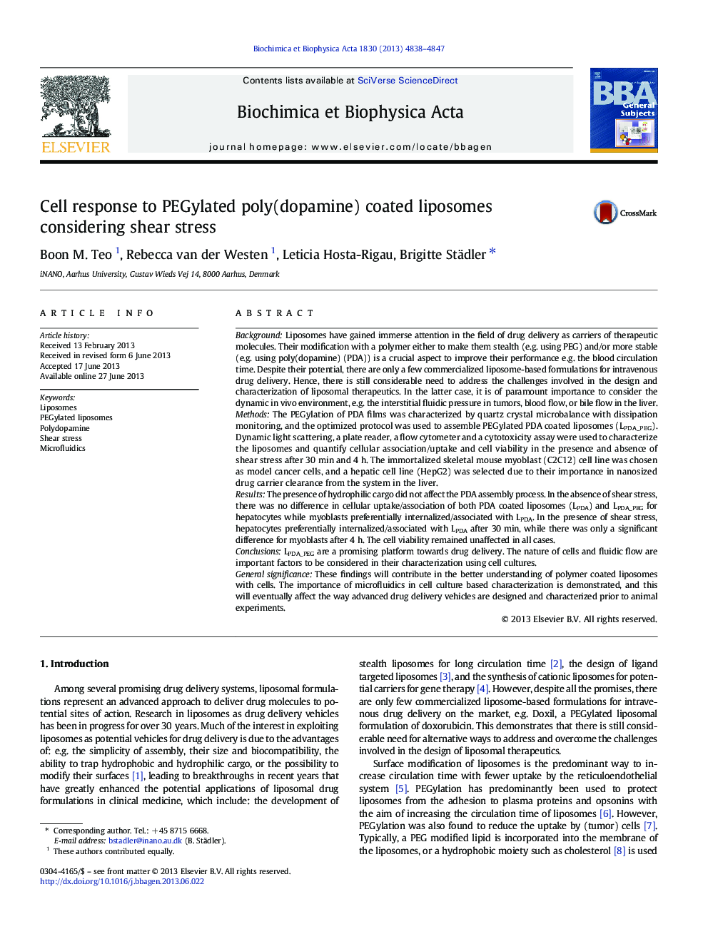 Cell response to PEGylated poly(dopamine) coated liposomes considering shear stress