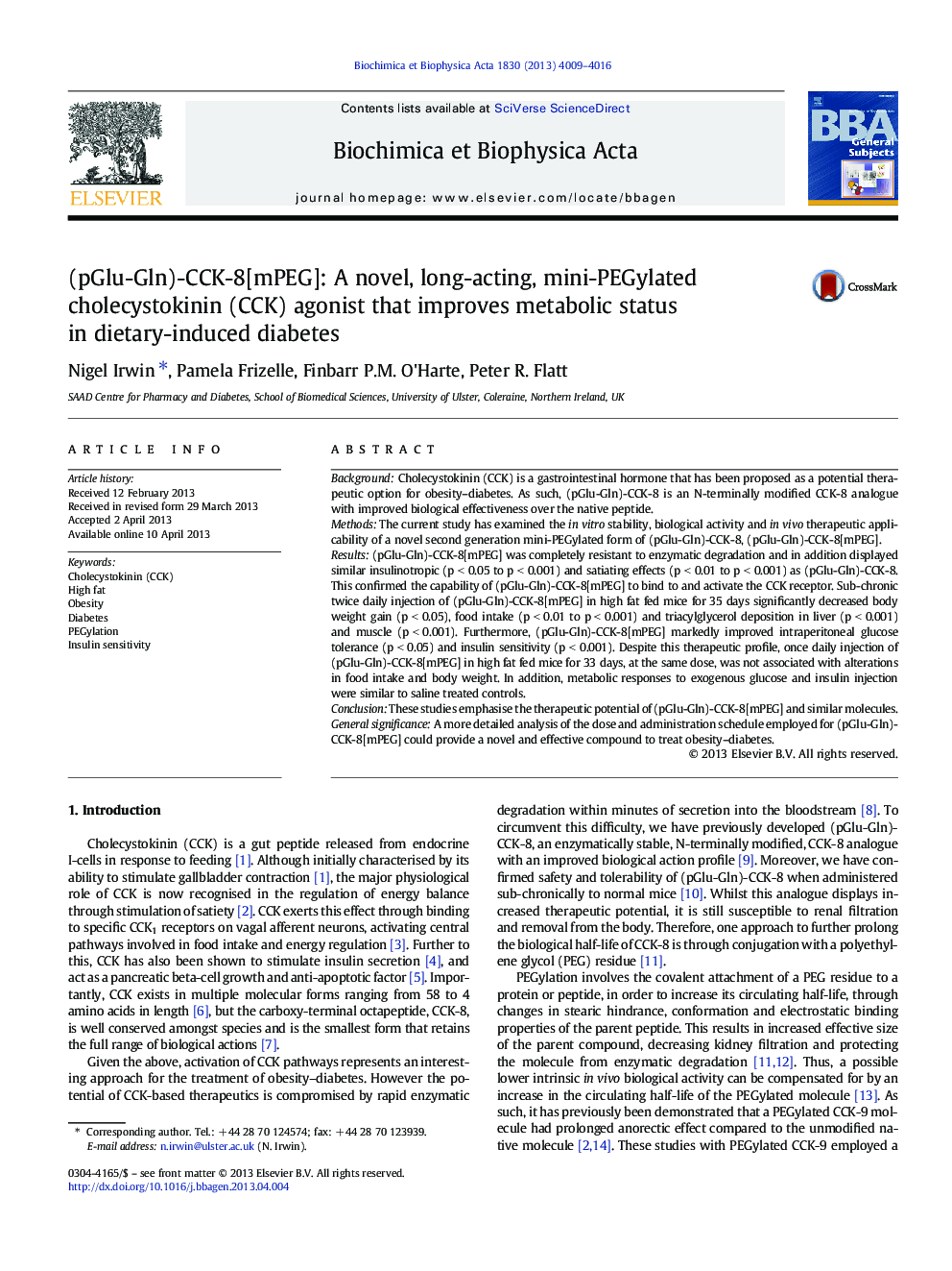 (pGlu-Gln)-CCK-8[mPEG]: A novel, long-acting, mini-PEGylated cholecystokinin (CCK) agonist that improves metabolic status in dietary-induced diabetes