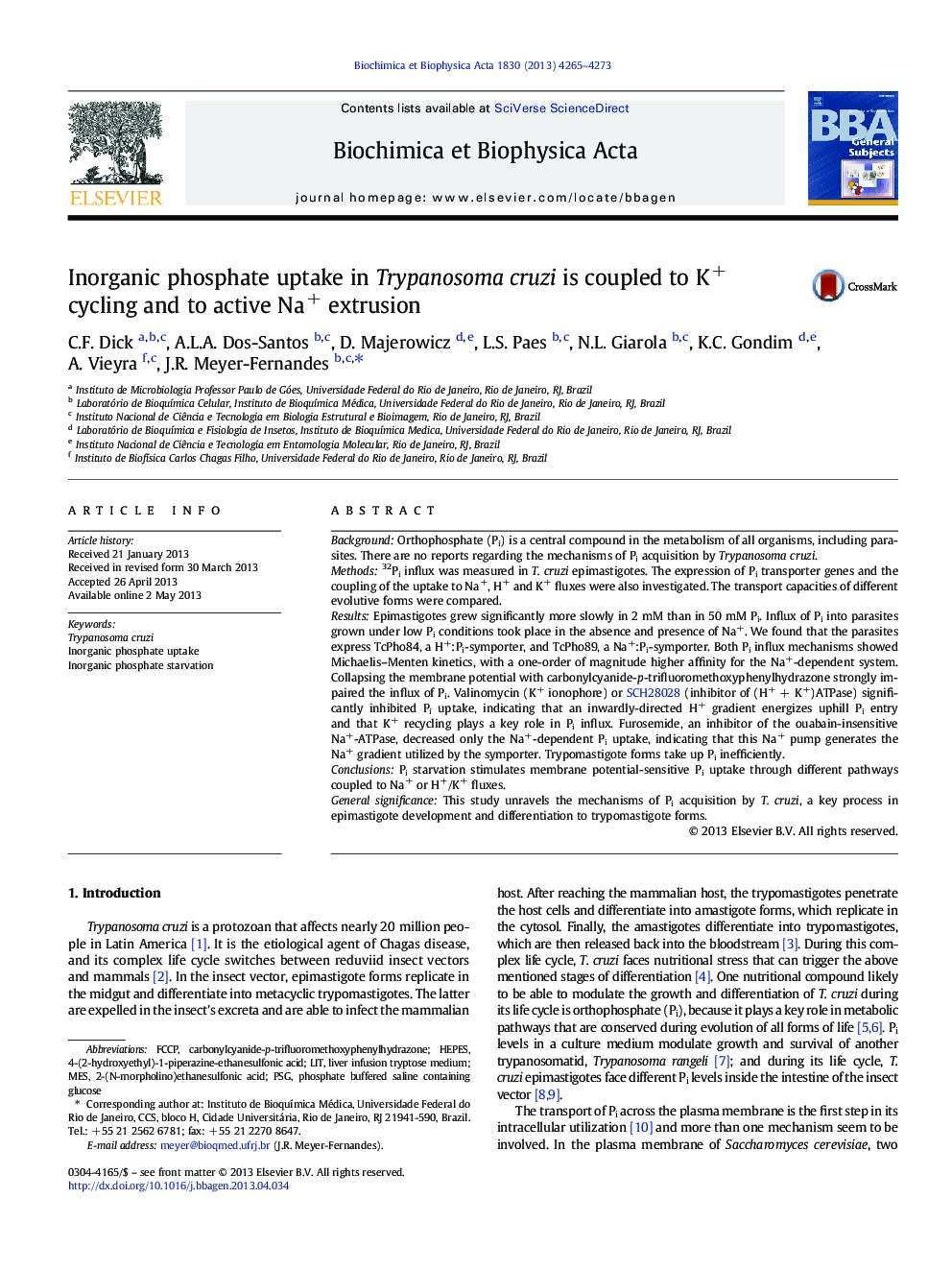 Inorganic phosphate uptake in Trypanosoma cruzi is coupled to K+ cycling and to active Na+ extrusion