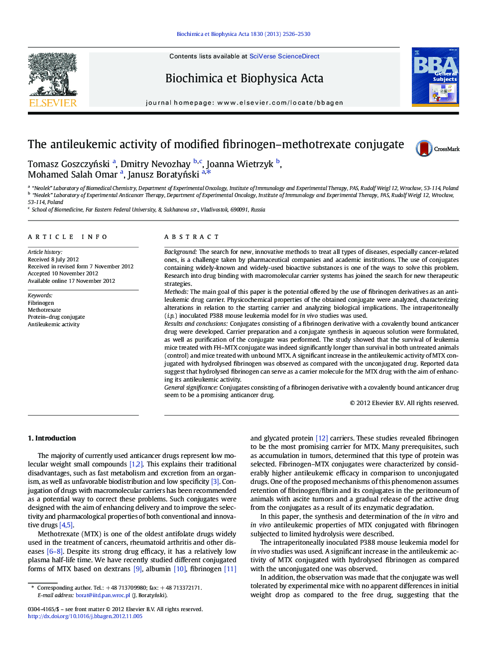 The antileukemic activity of modified fibrinogen-methotrexate conjugate