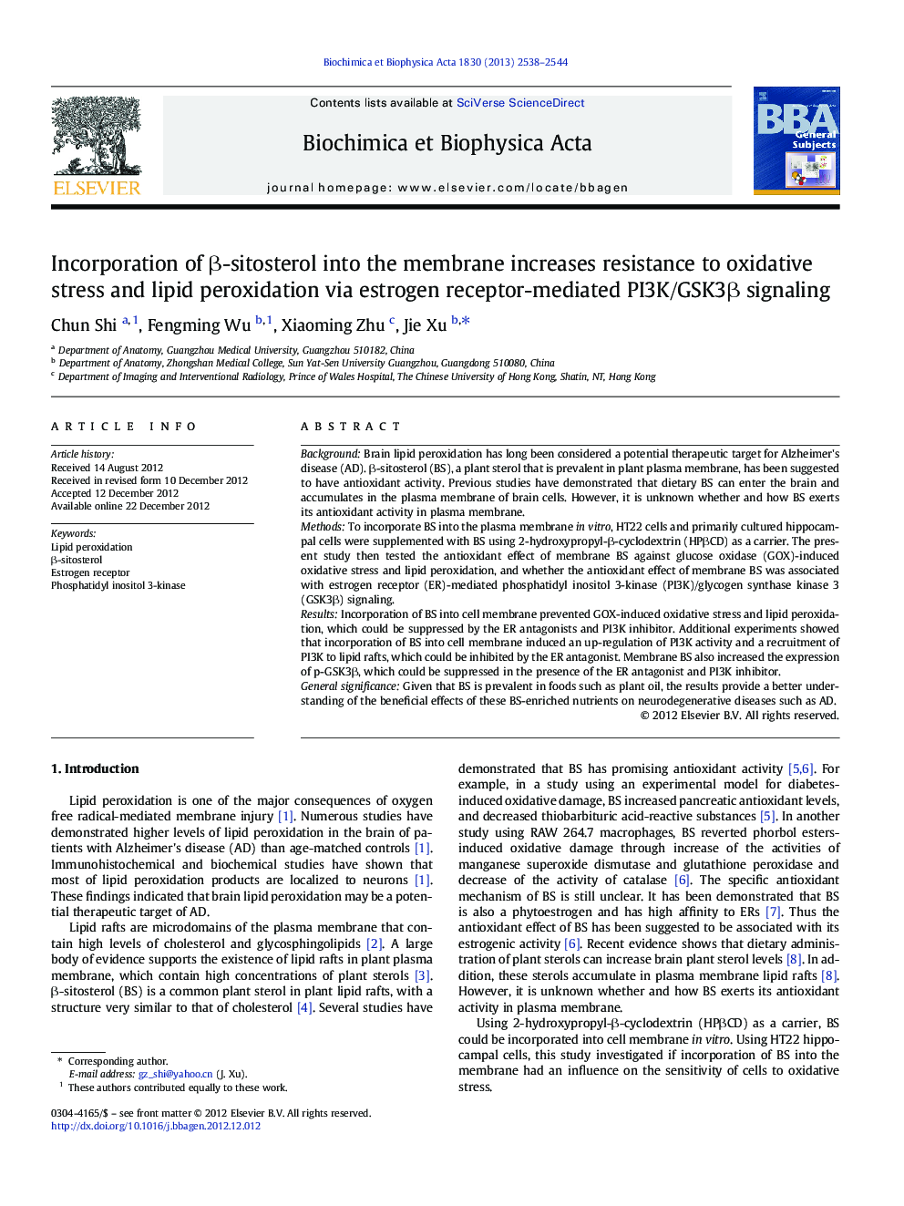 Incorporation of Î²-sitosterol into the membrane increases resistance to oxidative stress and lipid peroxidation via estrogen receptor-mediated PI3K/GSK3Î² signaling