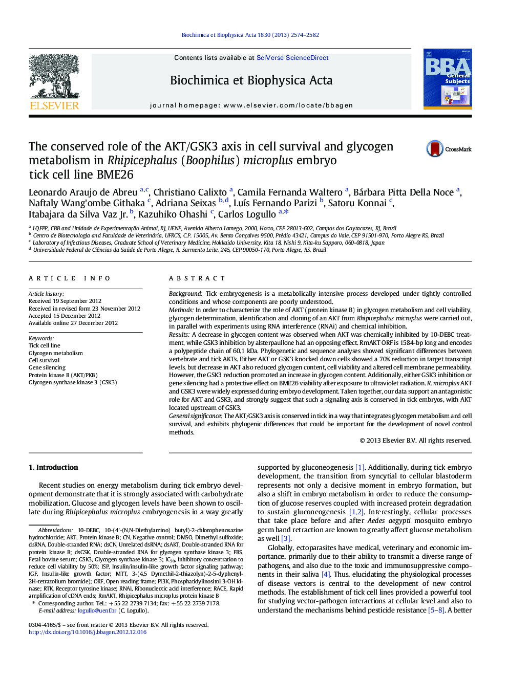 The conserved role of the AKT/GSK3 axis in cell survival and glycogen metabolism in Rhipicephalus (Boophilus) microplus embryo tick cell line BME26