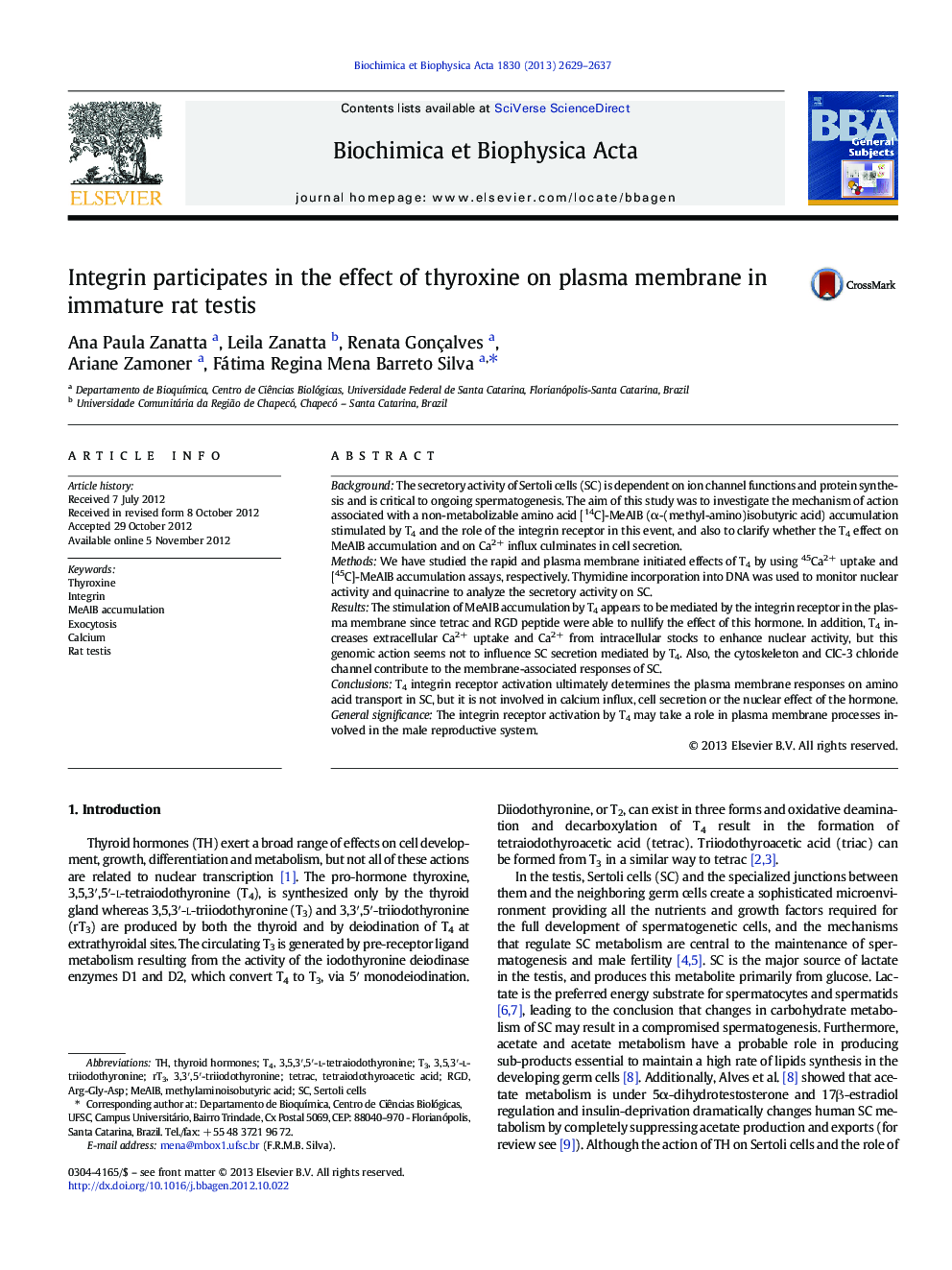 Integrin participates in the effect of thyroxine on plasma membrane in immature rat testis