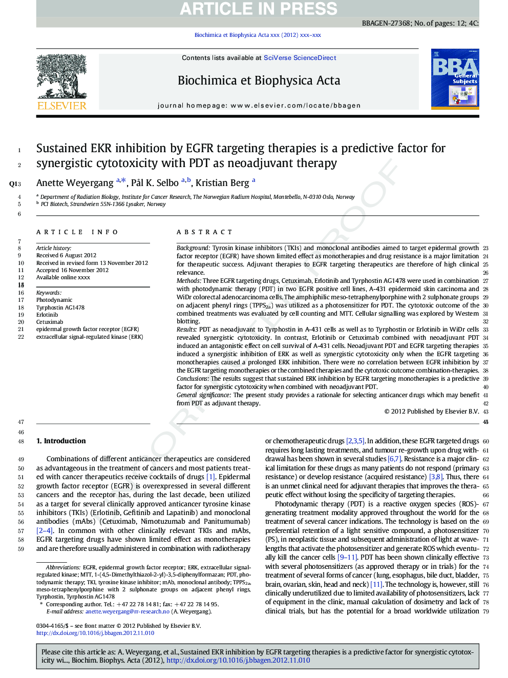 Sustained EKR inhibition by EGFR targeting therapies is a predictive factor for synergistic cytotoxicity with PDT as neoadjuvant therapy