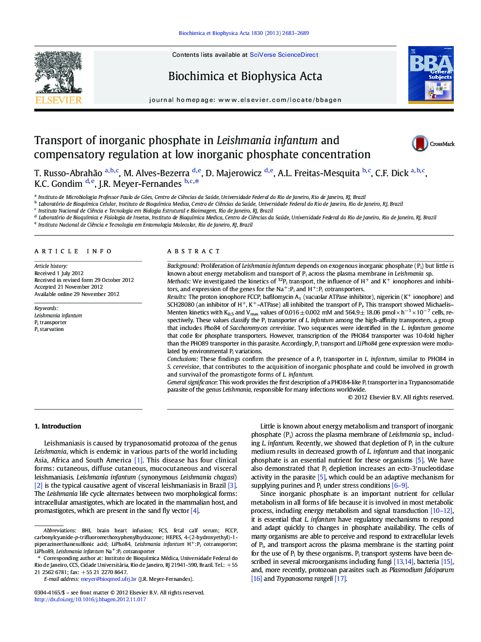 Transport of inorganic phosphate in Leishmania infantum and compensatory regulation at low inorganic phosphate concentration