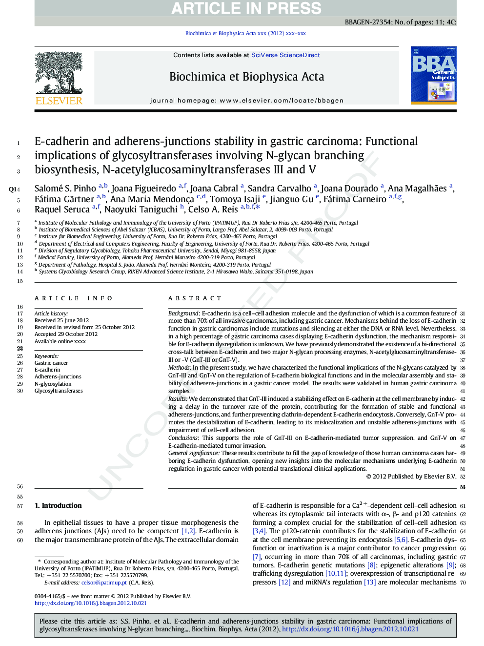 E-cadherin and adherens-junctions stability in gastric carcinoma: Functional implications of glycosyltransferases involving N-glycan branching biosynthesis, N-acetylglucosaminyltransferases III and V