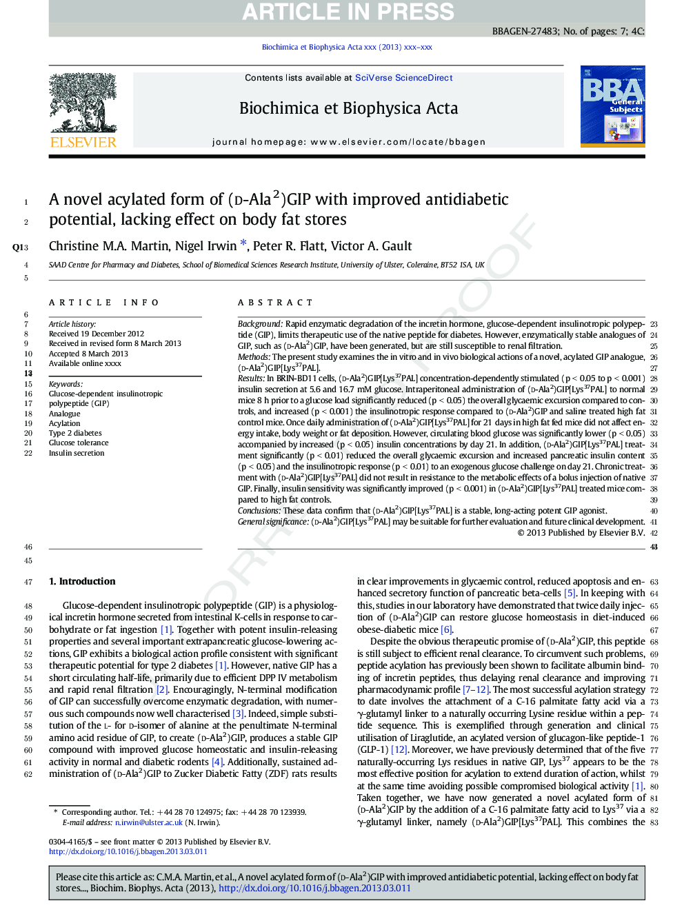 A novel acylated form of (d-Ala2)GIP with improved antidiabetic potential, lacking effect on body fat stores