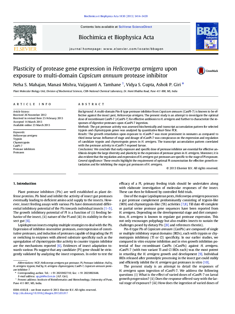 Plasticity of protease gene expression in Helicoverpa armigera upon exposure to multi-domain Capsicum annuum protease inhibitor