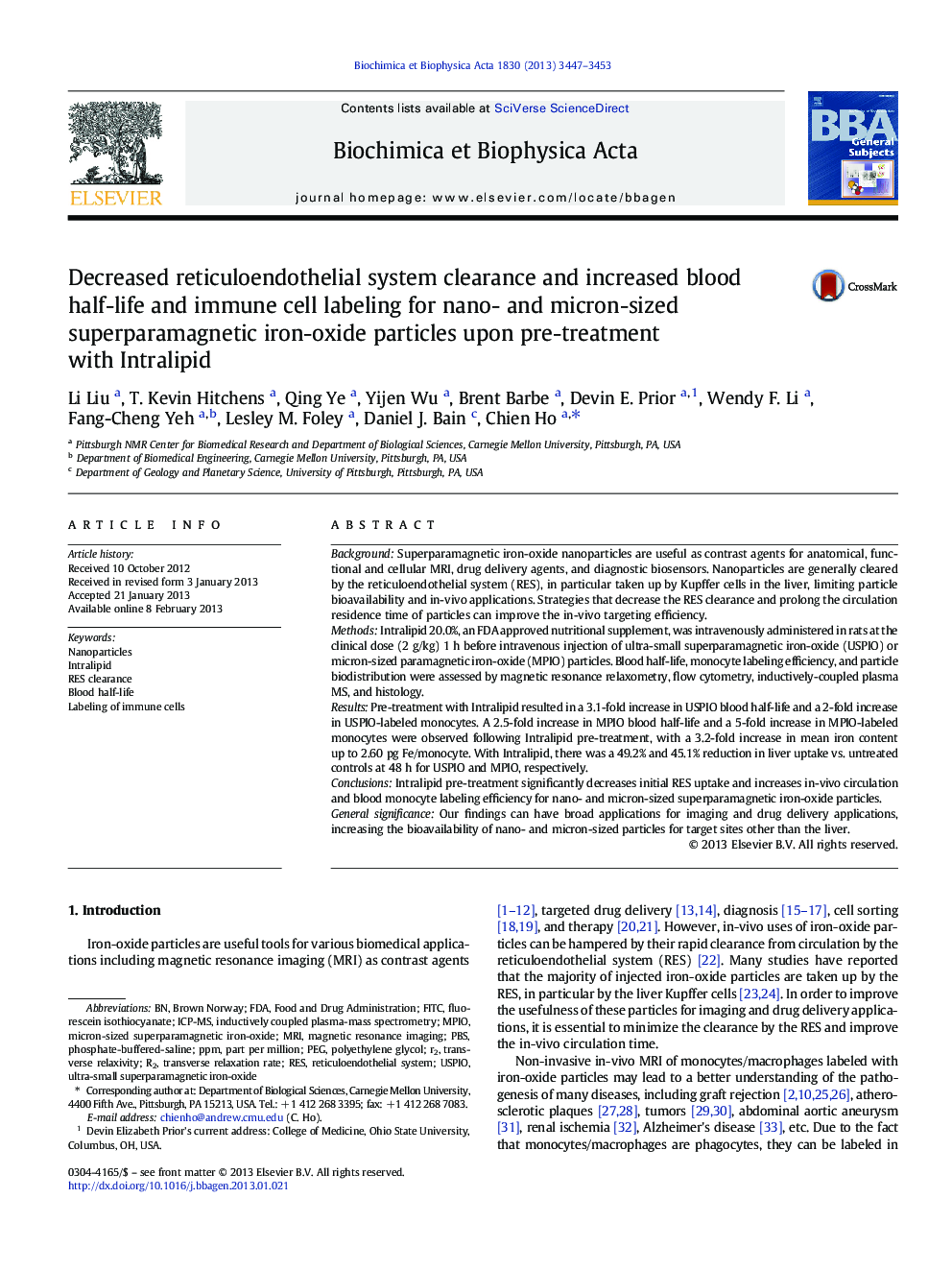 Decreased reticuloendothelial system clearance and increased blood half-life and immune cell labeling for nano- and micron-sized superparamagnetic iron-oxide particles upon pre-treatment with Intralipid