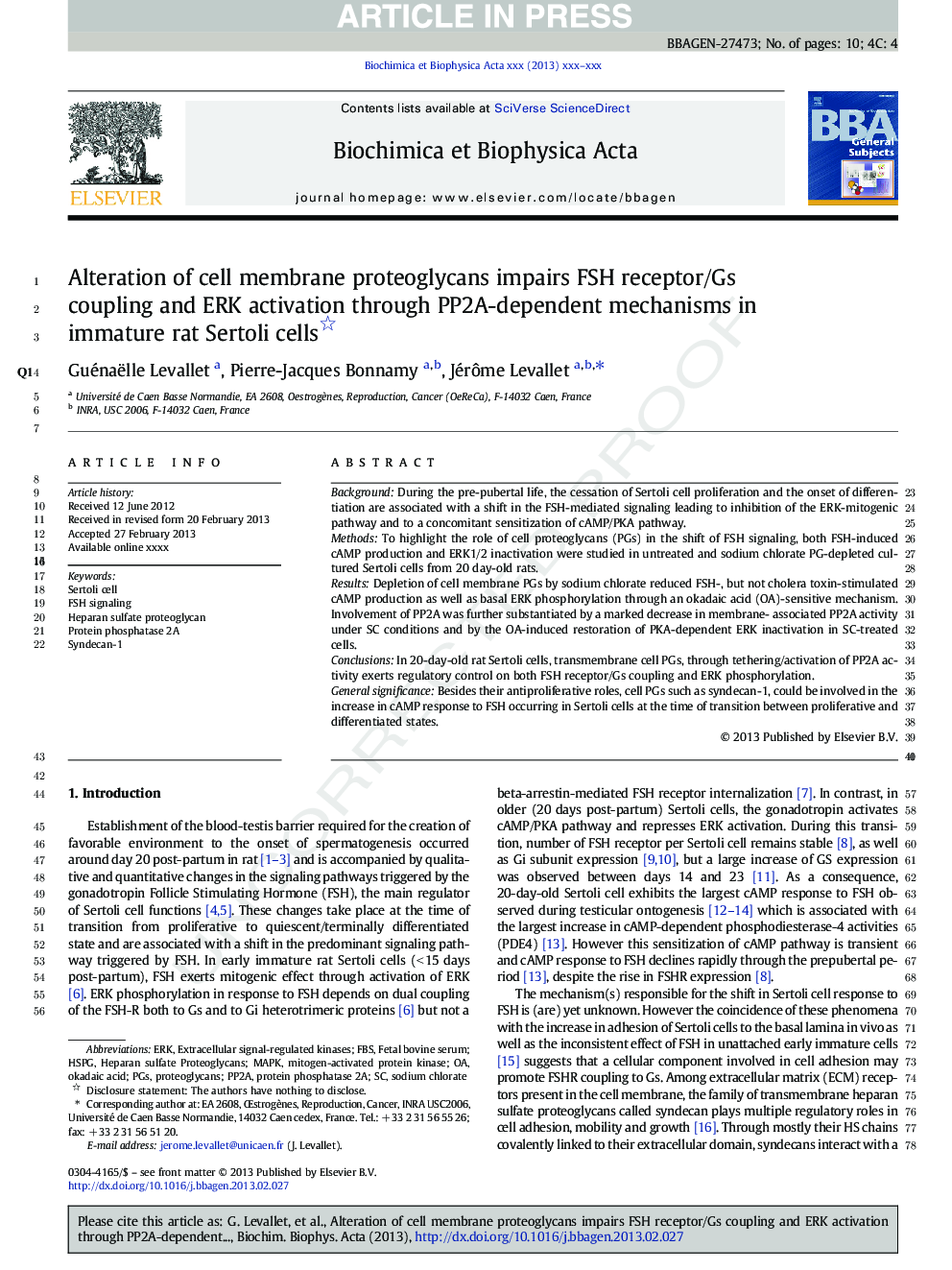 Alteration of cell membrane proteoglycans impairs FSH receptor/Gs coupling and ERK activation through PP2A-dependent mechanisms in immature rat Sertoli cells