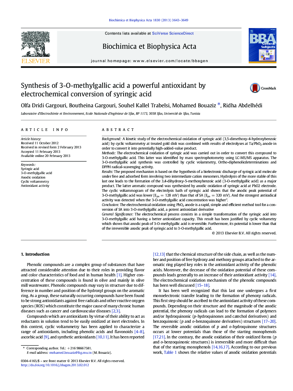 Synthesis of 3-O-methylgallic acid a powerful antioxidant by electrochemical conversion of syringic acid