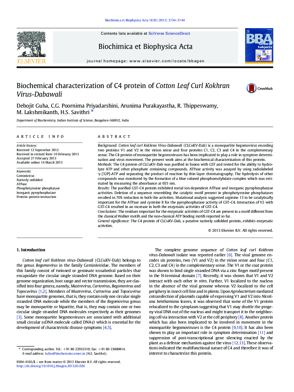 Biochemical characterization of C4 protein of Cotton Leaf Curl Kokhran Virus-Dabawali