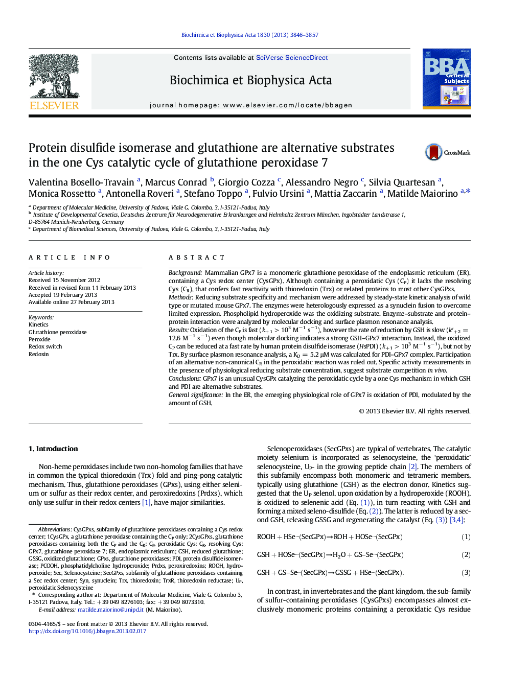 Protein disulfide isomerase and glutathione are alternative substrates in the one Cys catalytic cycle of glutathione peroxidase 7