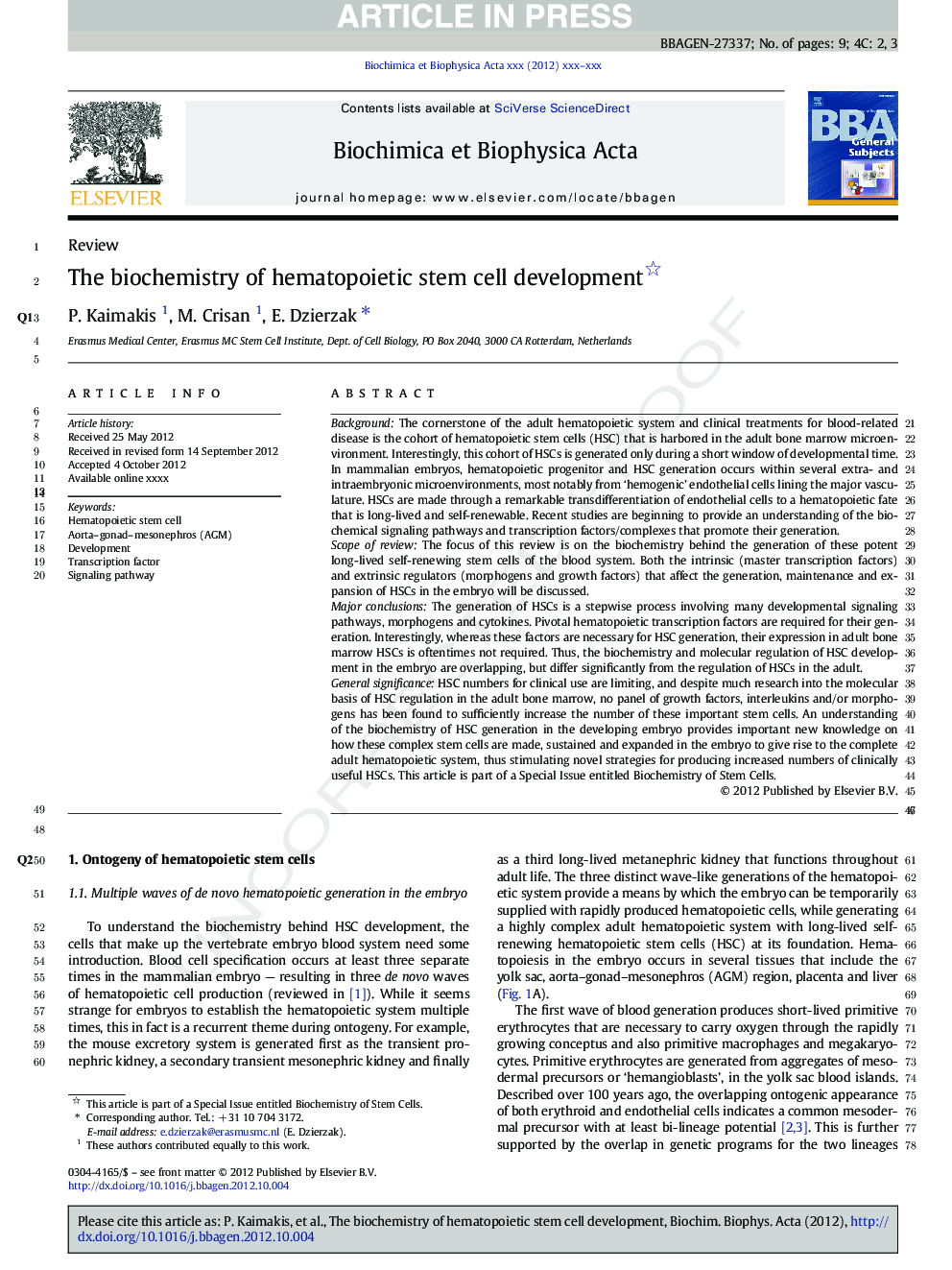 The biochemistry of hematopoietic stem cell development