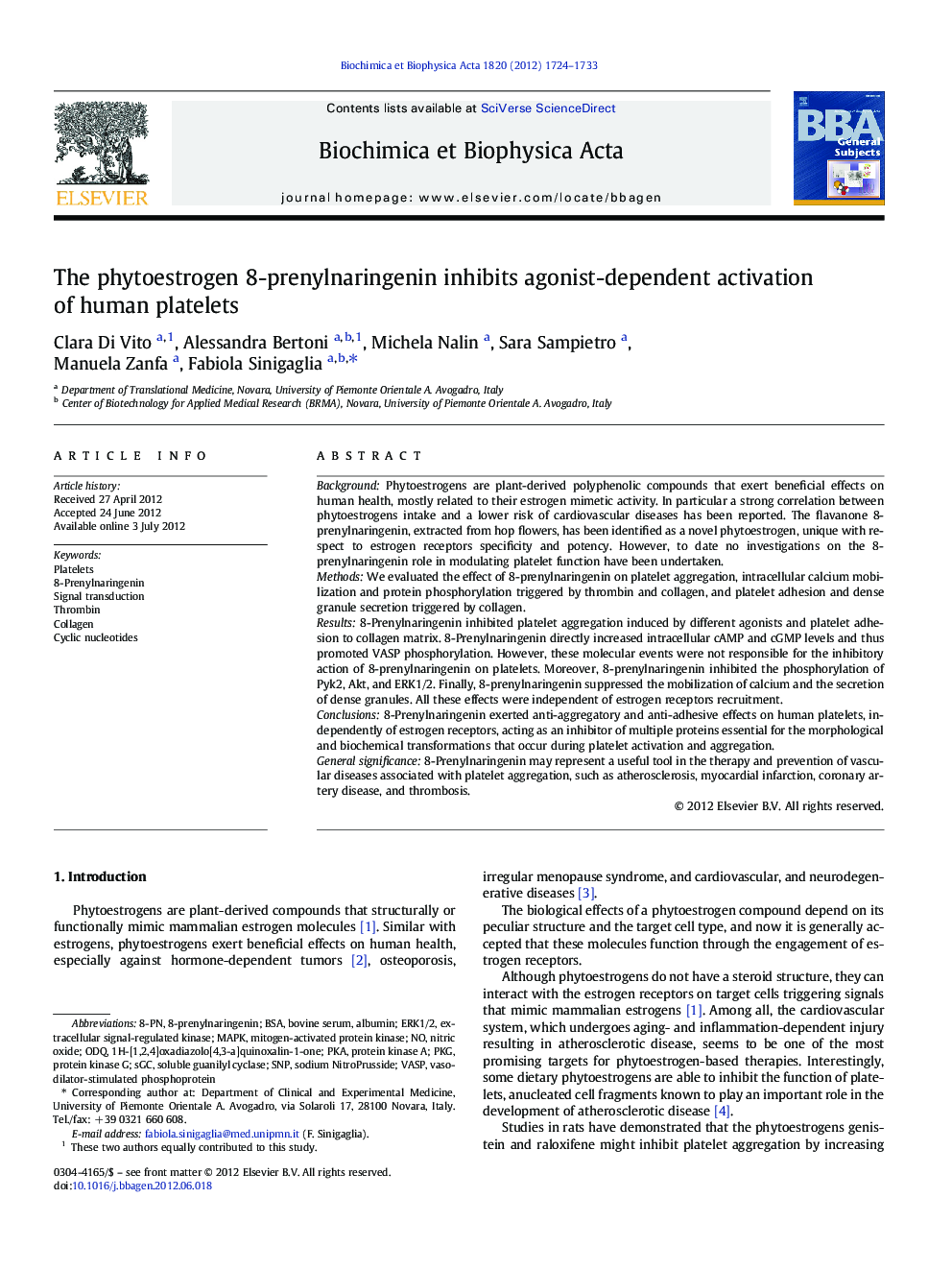 The phytoestrogen 8-prenylnaringenin inhibits agonist-dependent activation of human platelets