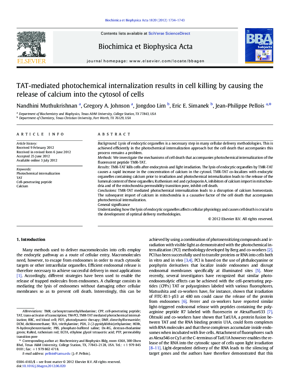 TAT-mediated photochemical internalization results in cell killing by causing the release of calcium into the cytosol of cells