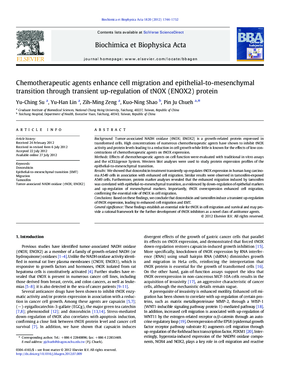 Chemotherapeutic agents enhance cell migration and epithelial-to-mesenchymal transition through transient up-regulation of tNOX (ENOX2) protein