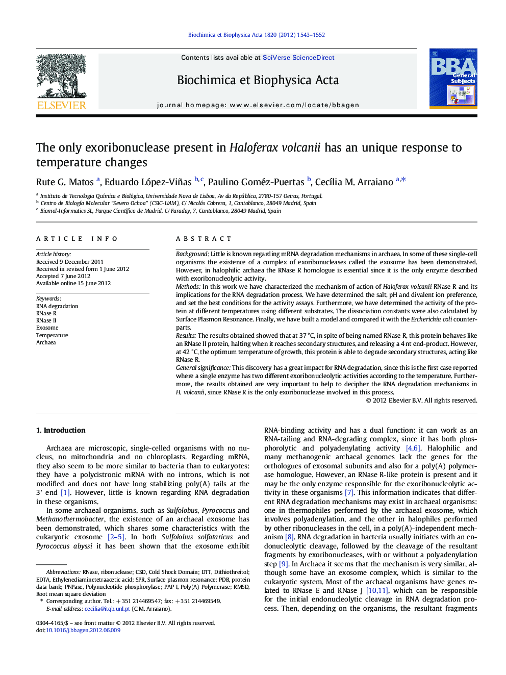 The only exoribonuclease present in Haloferax volcanii has an unique response to temperature changes