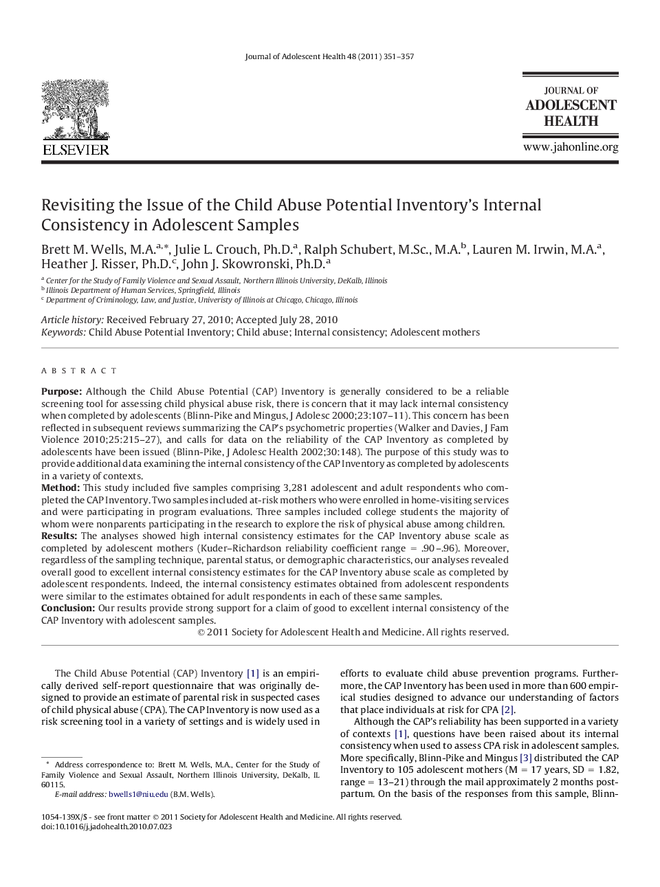 Revisiting the Issue of the Child Abuse Potential Inventory's Internal Consistency in Adolescent Samples