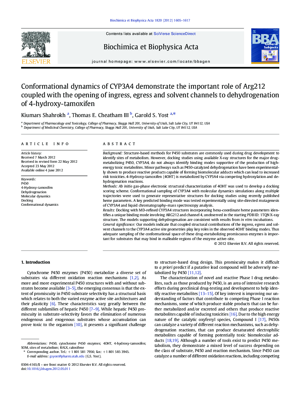 Conformational dynamics of CYP3A4 demonstrate the important role of Arg212 coupled with the opening of ingress, egress and solvent channels to dehydrogenation of 4-hydroxy-tamoxifen