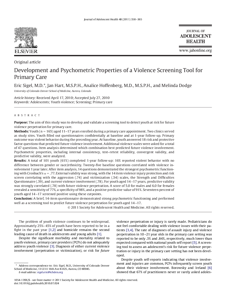 Development and Psychometric Properties of a Violence Screening Tool for Primary Care