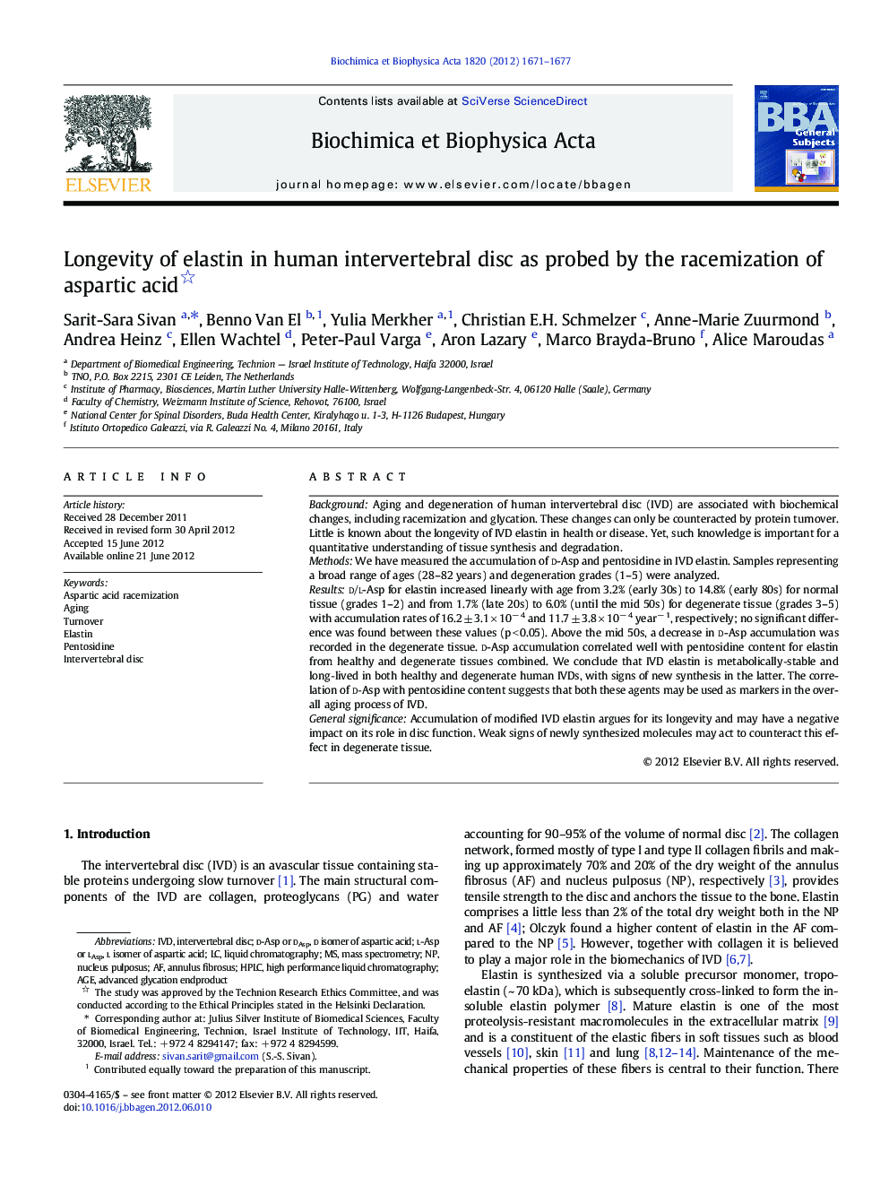 Longevity of elastin in human intervertebral disc as probed by the racemization of aspartic acid