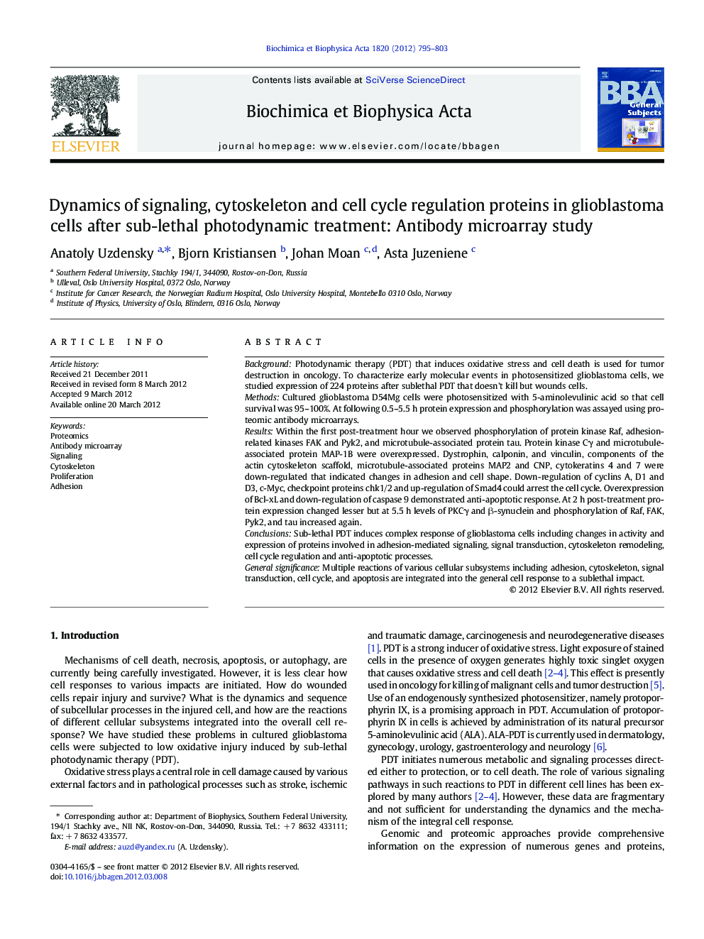 Dynamics of signaling, cytoskeleton and cell cycle regulation proteins in glioblastoma cells after sub-lethal photodynamic treatment: Antibody microarray study