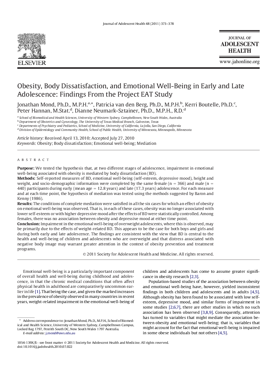 Obesity, Body Dissatisfaction, and Emotional Well-Being in Early and Late Adolescence: Findings From the Project EAT Study