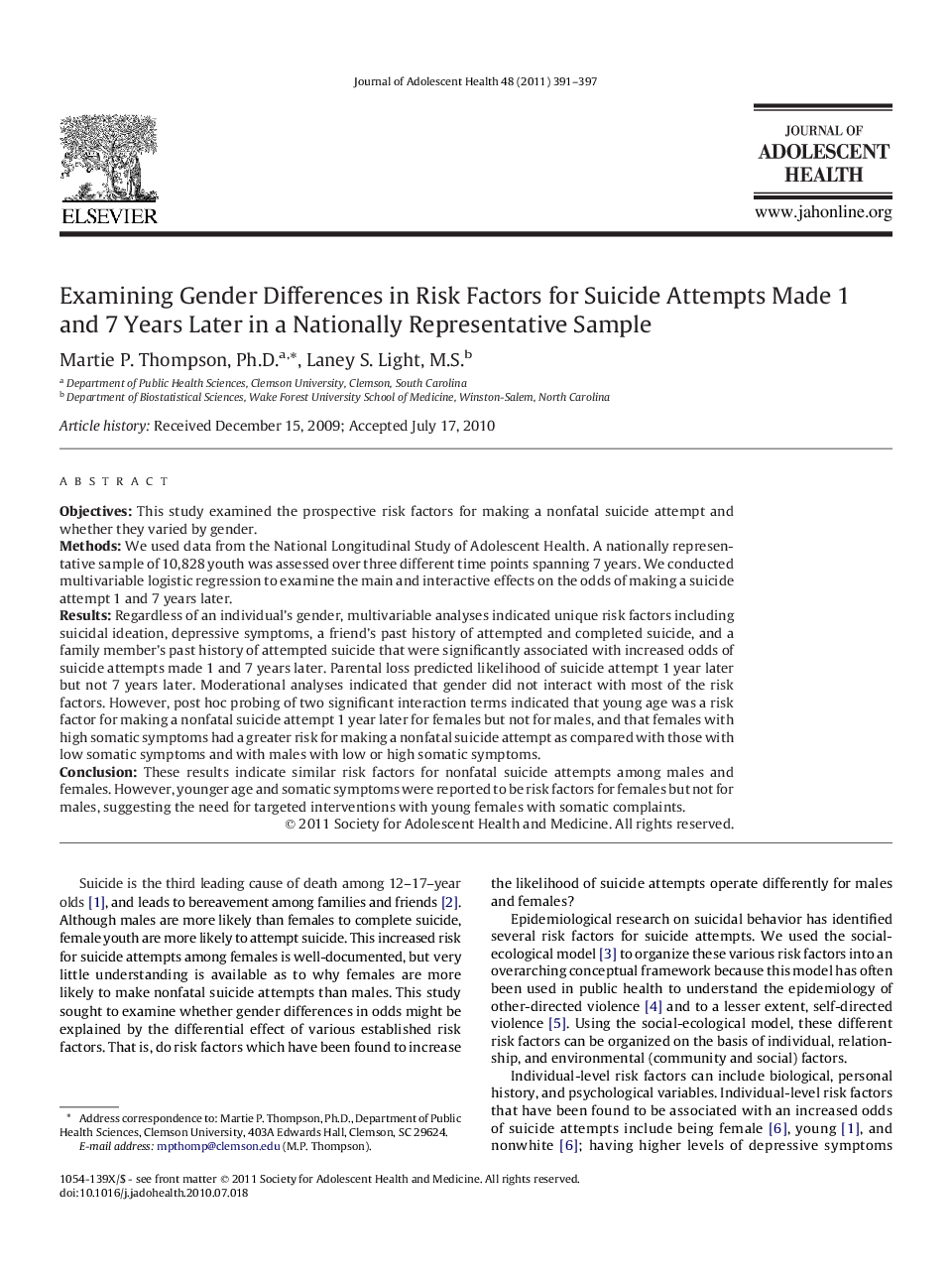 Examining Gender Differences in Risk Factors for Suicide Attempts Made 1 and 7 Years Later in a Nationally Representative Sample