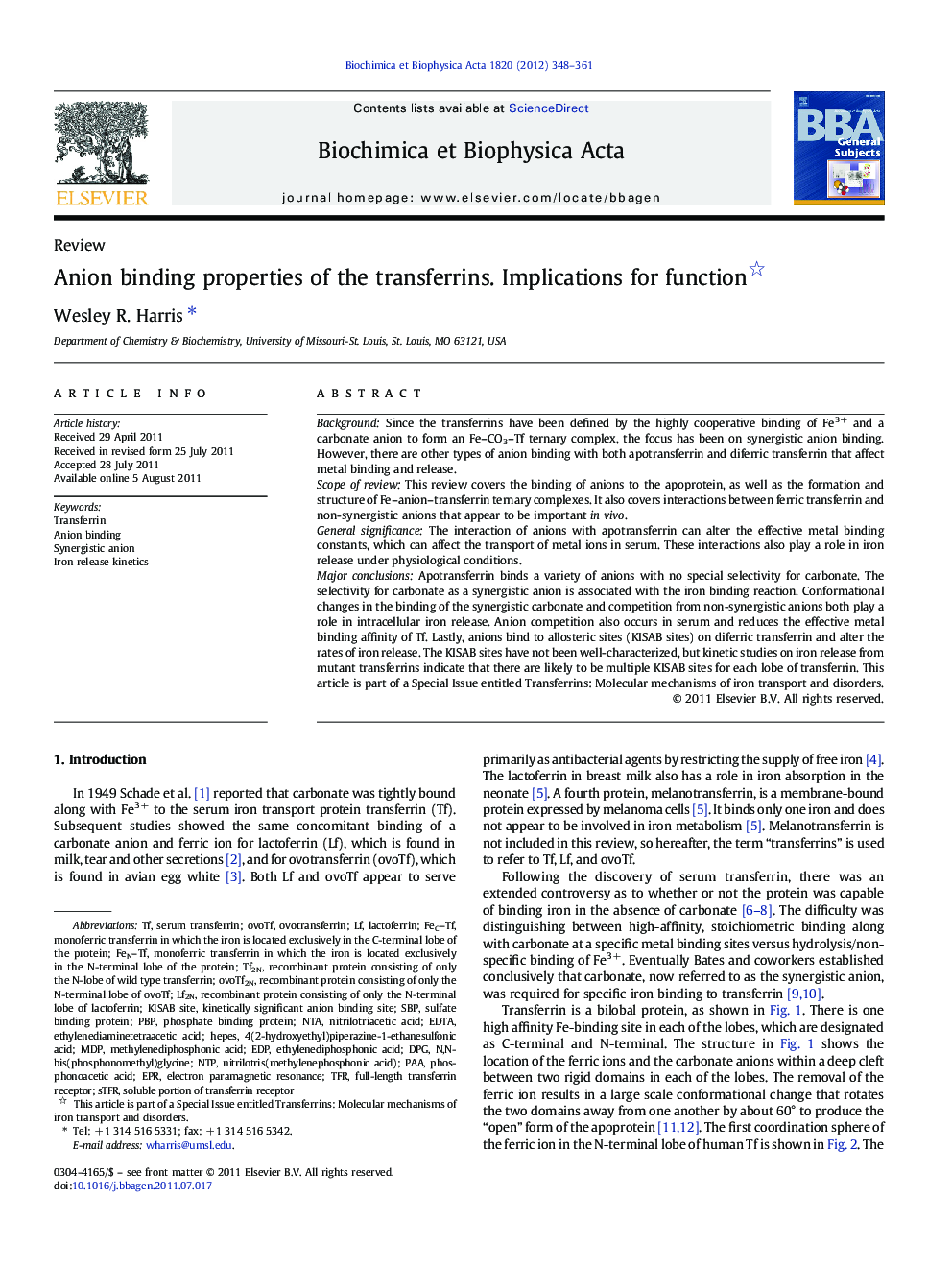 Anion binding properties of the transferrins. Implications for function