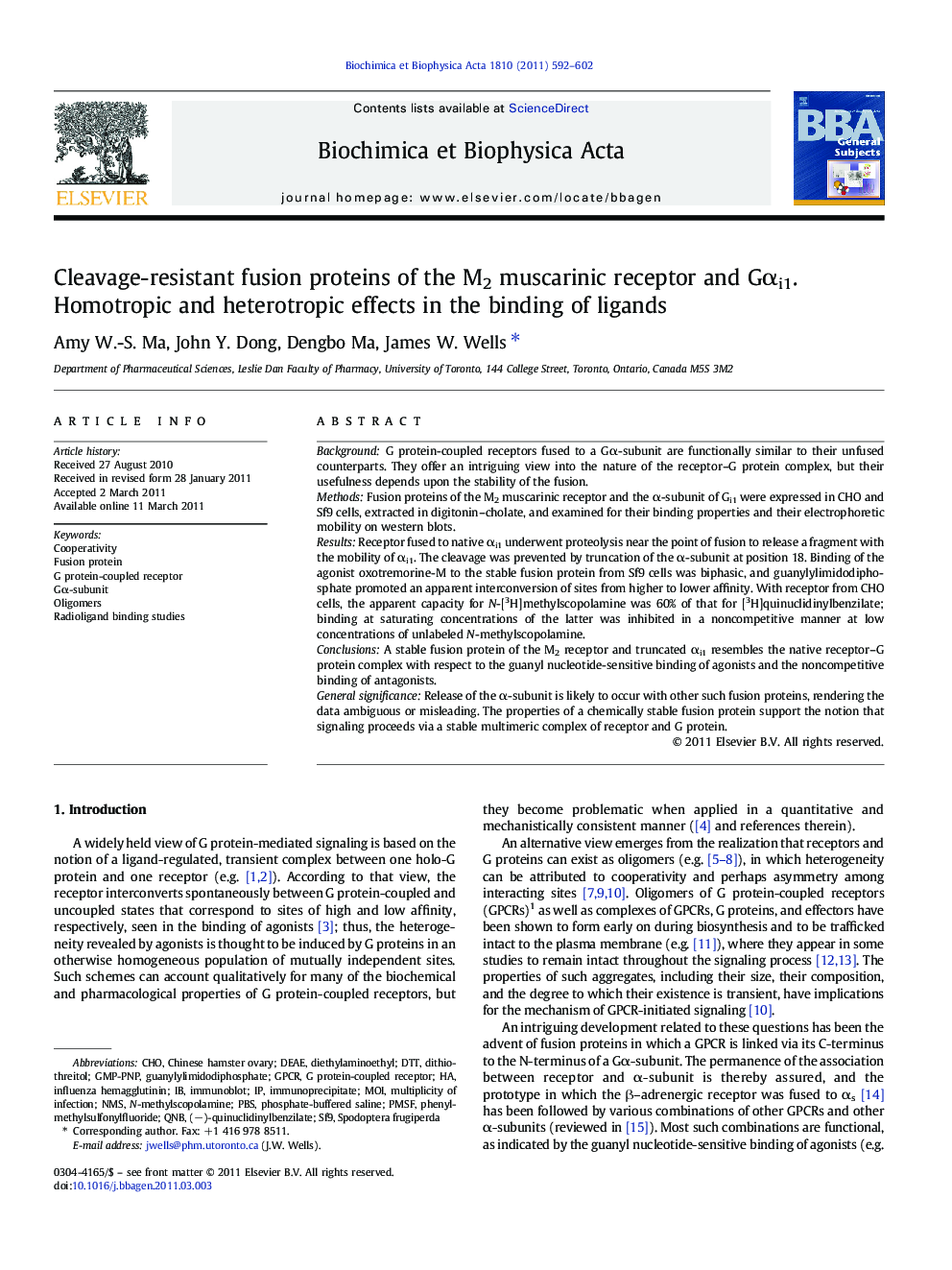 Cleavage-resistant fusion proteins of the M2 muscarinic receptor and GÎ±i1. Homotropic and heterotropic effects in the binding of ligands