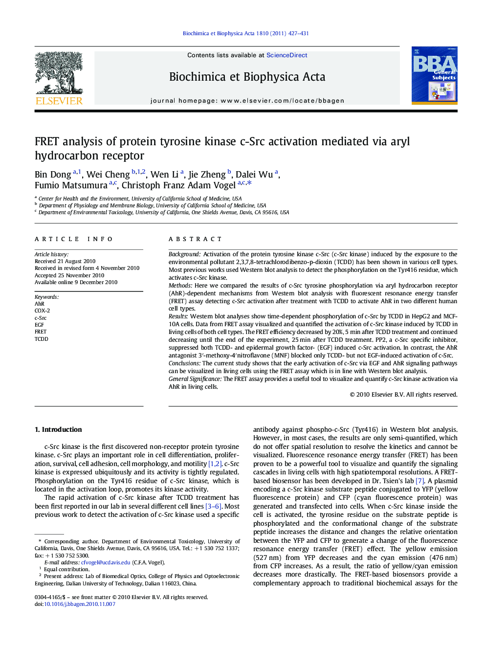 FRET analysis of protein tyrosine kinase c-Src activation mediated via aryl hydrocarbon receptor