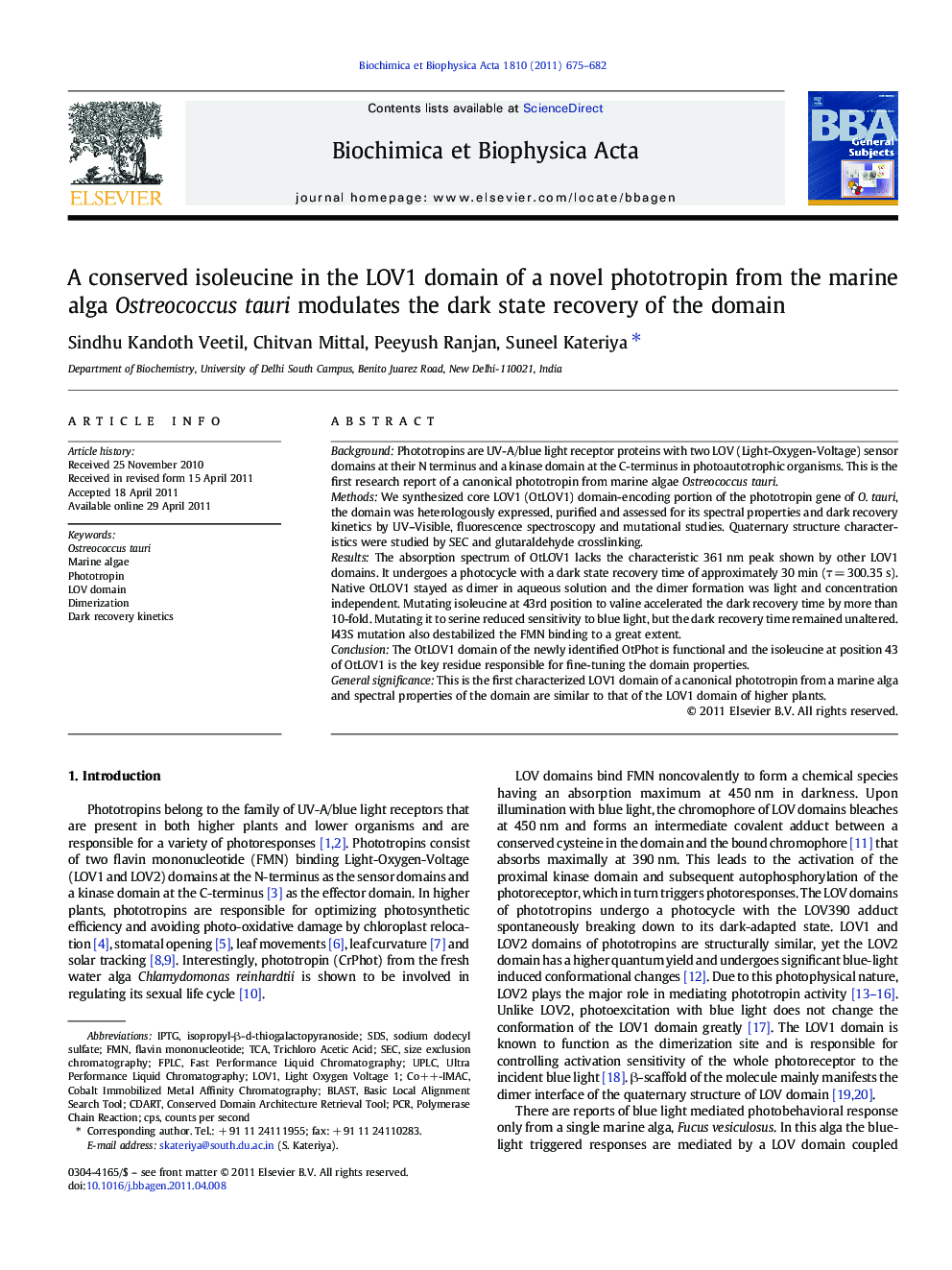 A conserved isoleucine in the LOV1 domain of a novel phototropin from the marine alga Ostreococcus tauri modulates the dark state recovery of the domain