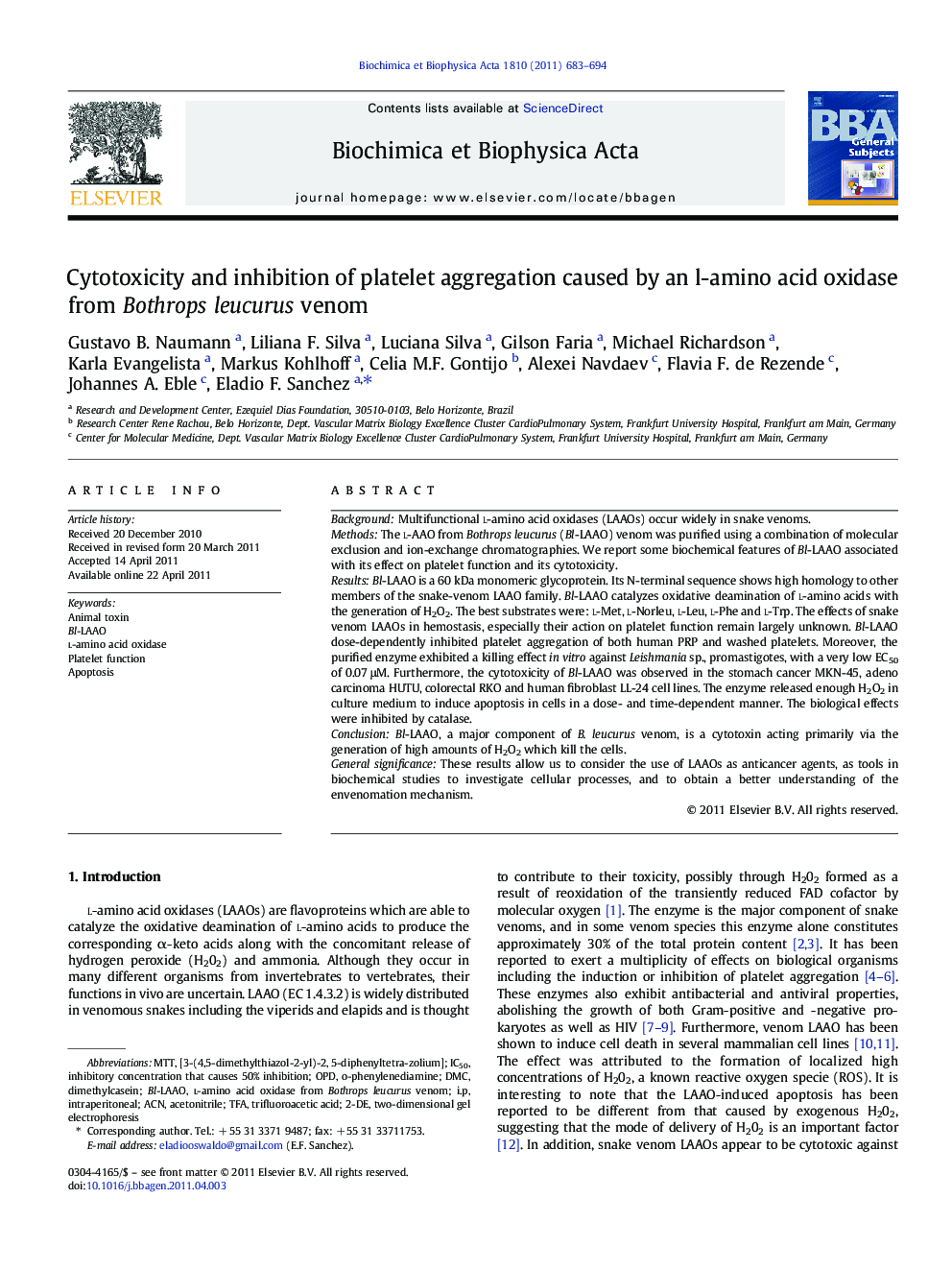 Cytotoxicity and inhibition of platelet aggregation caused by an l-amino acid oxidase from Bothrops leucurus venom