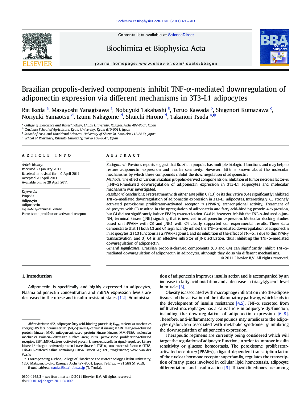 Brazilian propolis-derived components inhibit TNF-Î±-mediated downregulation of adiponectin expression via different mechanisms in 3T3-L1 adipocytes