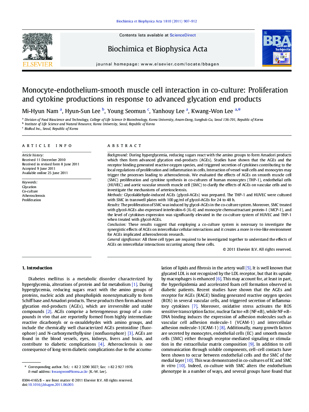 Monocyte-endothelium-smooth muscle cell interaction in co-culture: Proliferation and cytokine productions in response to advanced glycation end products