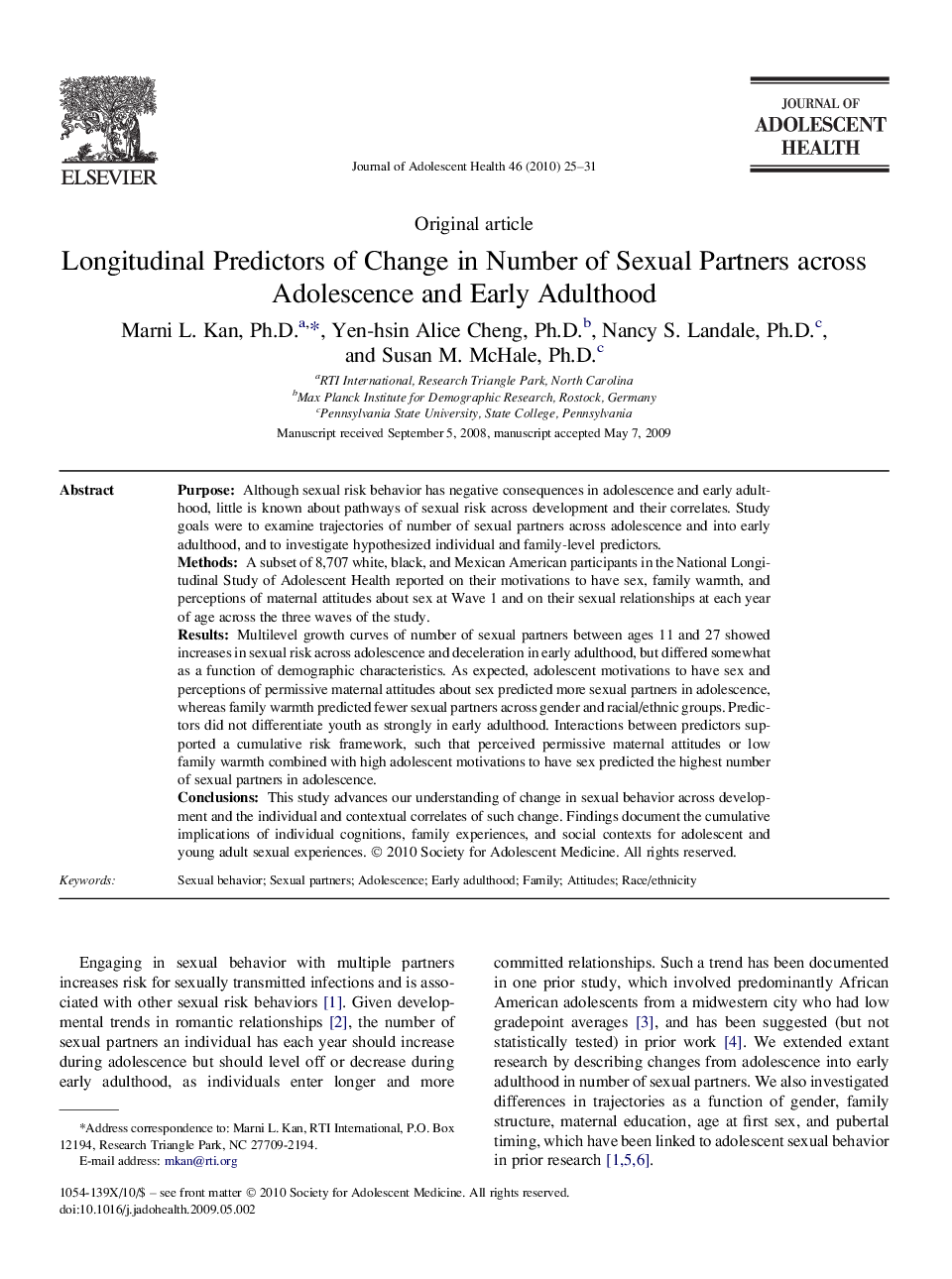 Longitudinal Predictors of Change in Number of Sexual Partners across Adolescence and Early Adulthood