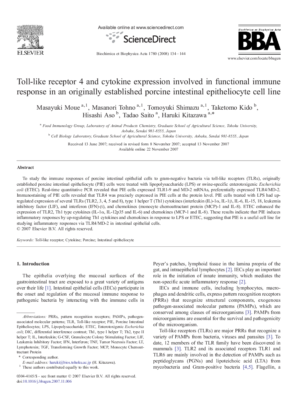 Toll-like receptor 4 and cytokine expression involved in functional immune response in an originally established porcine intestinal epitheliocyte cell line