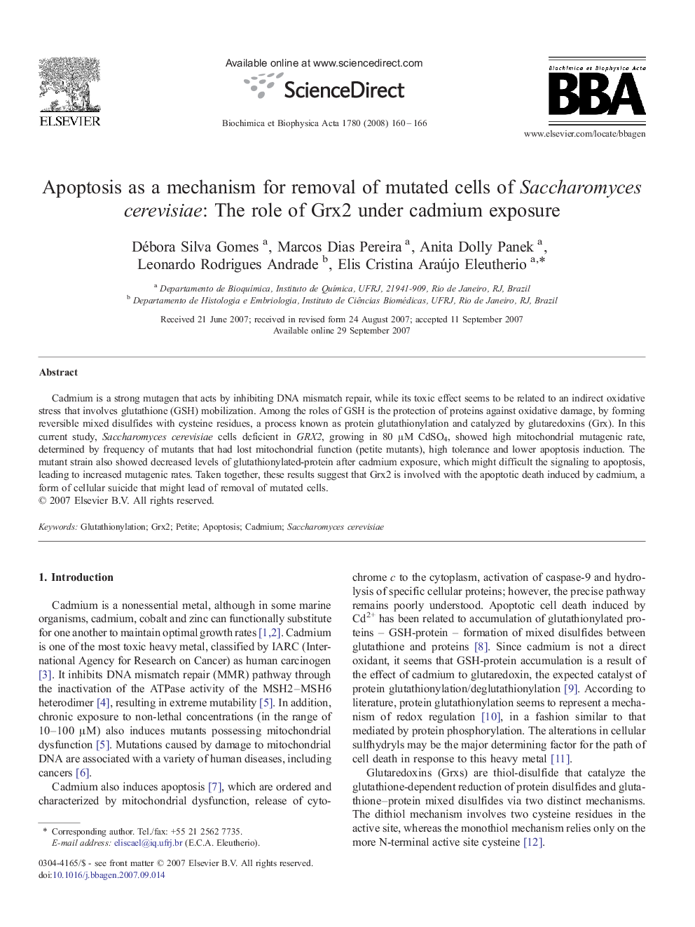 Apoptosis as a mechanism for removal of mutated cells of Saccharomyces cerevisiae: The role of Grx2 under cadmium exposure