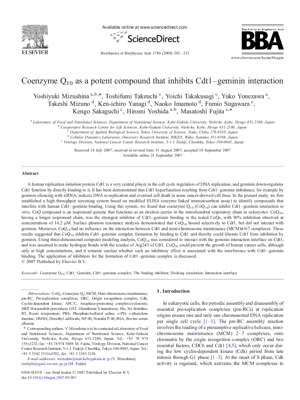 Coenzyme Q10 as a potent compound that inhibits Cdt1-geminin interaction