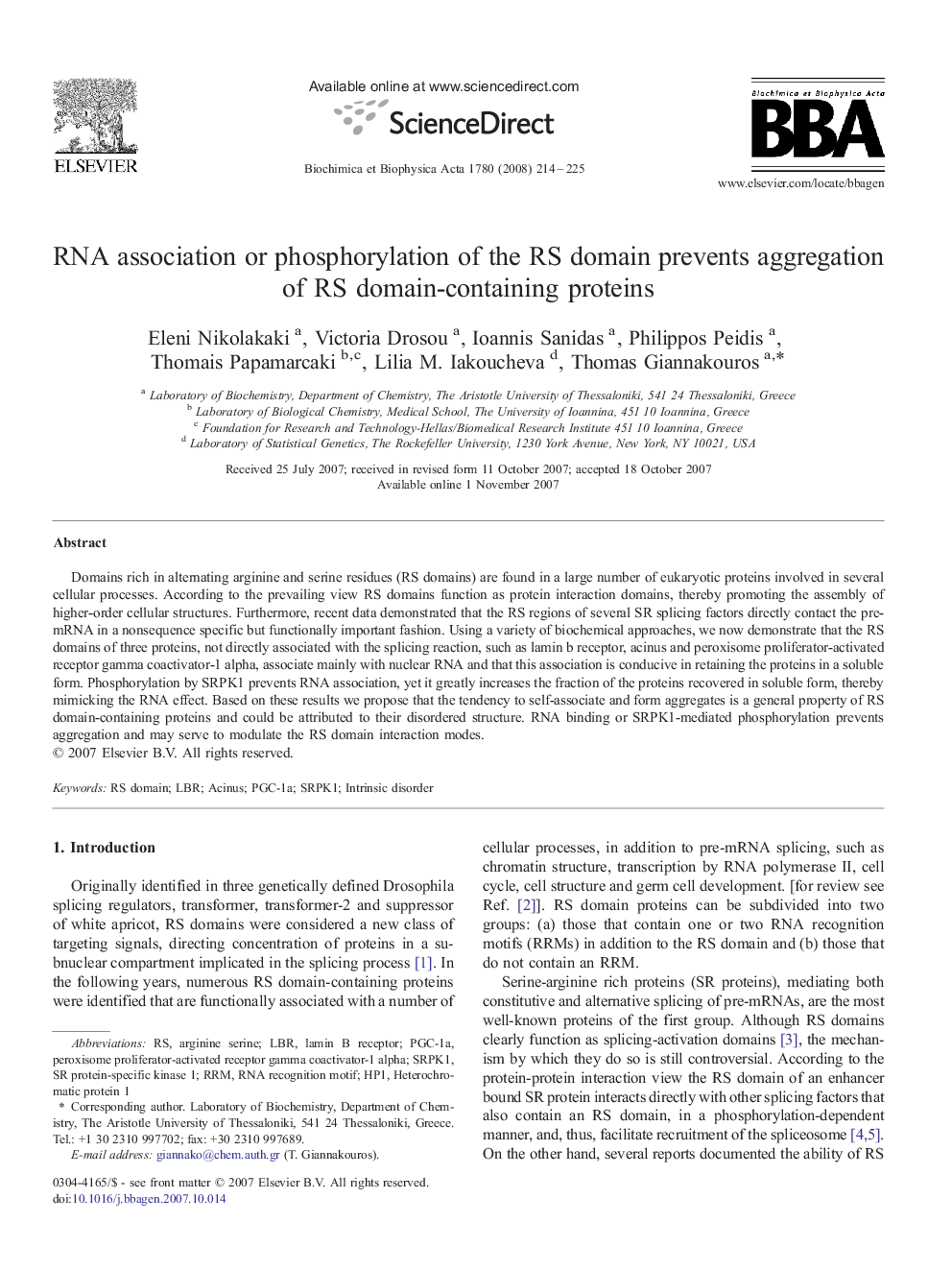 RNA association or phosphorylation of the RS domain prevents aggregation of RS domain-containing proteins