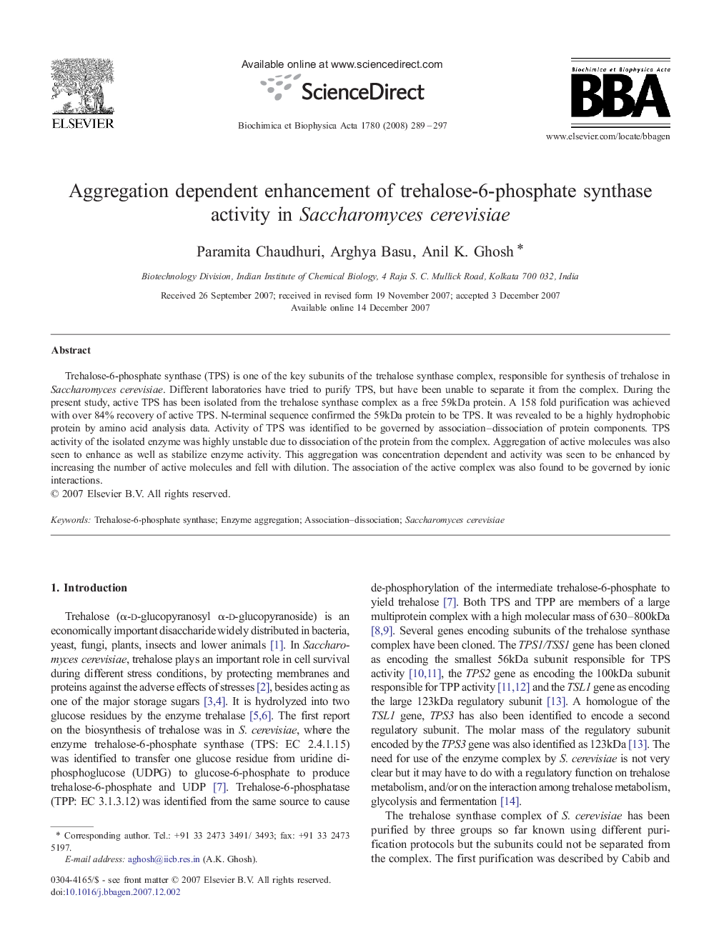 Aggregation dependent enhancement of trehalose-6-phosphate synthase activity in Saccharomyces cerevisiae