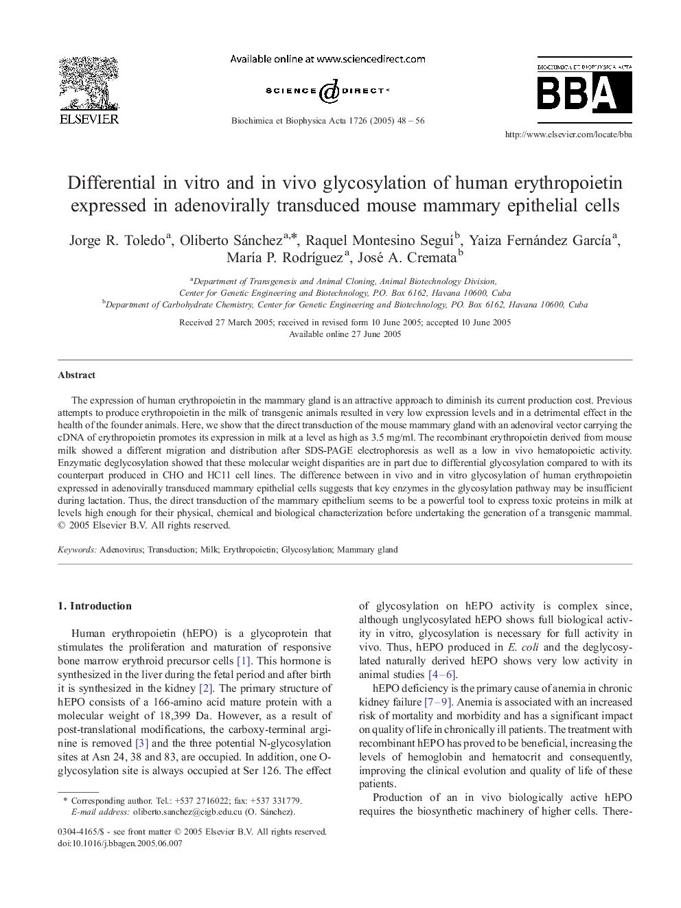 Differential in vitro and in vivo glycosylation of human erythropoietin expressed in adenovirally transduced mouse mammary epithelial cells