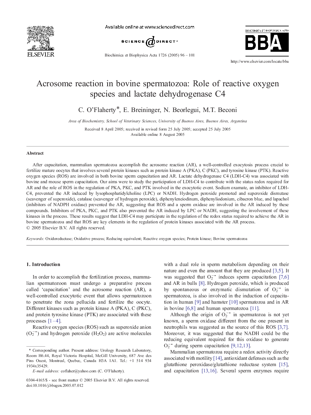 Acrosome reaction in bovine spermatozoa: Role of reactive oxygen species and lactate dehydrogenase C4